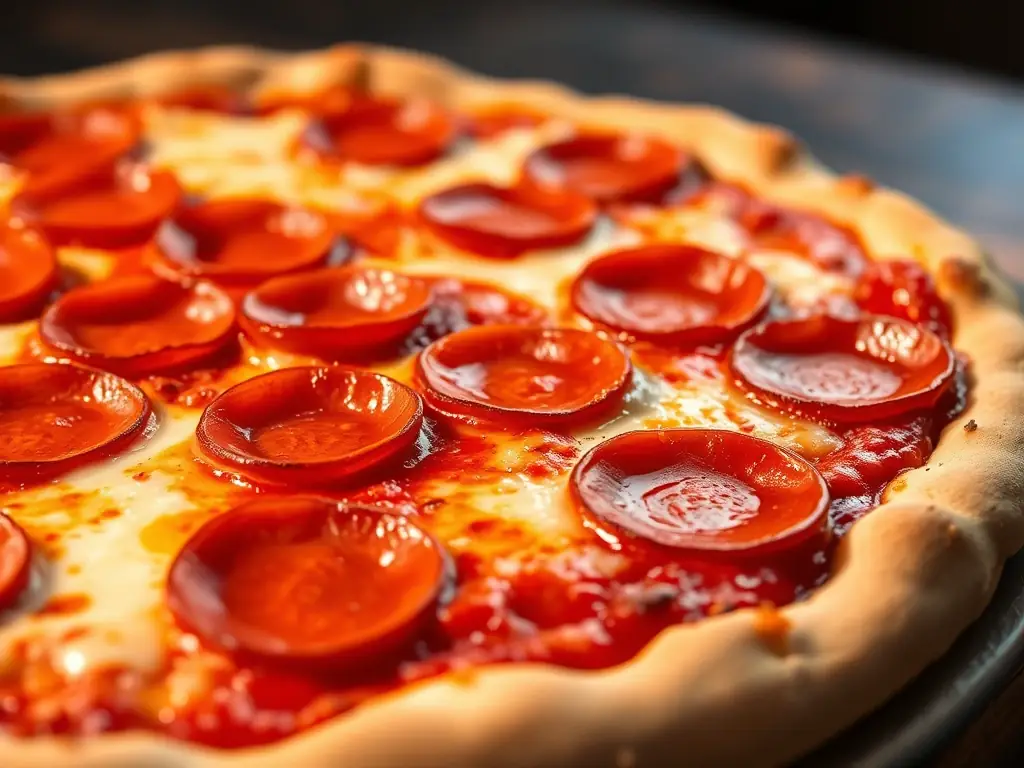 A close-up shot of a freshly baked pepperoni pizza with melted cheese and crispy crust, showcasing the classic favorite from Pizza 73's menu.