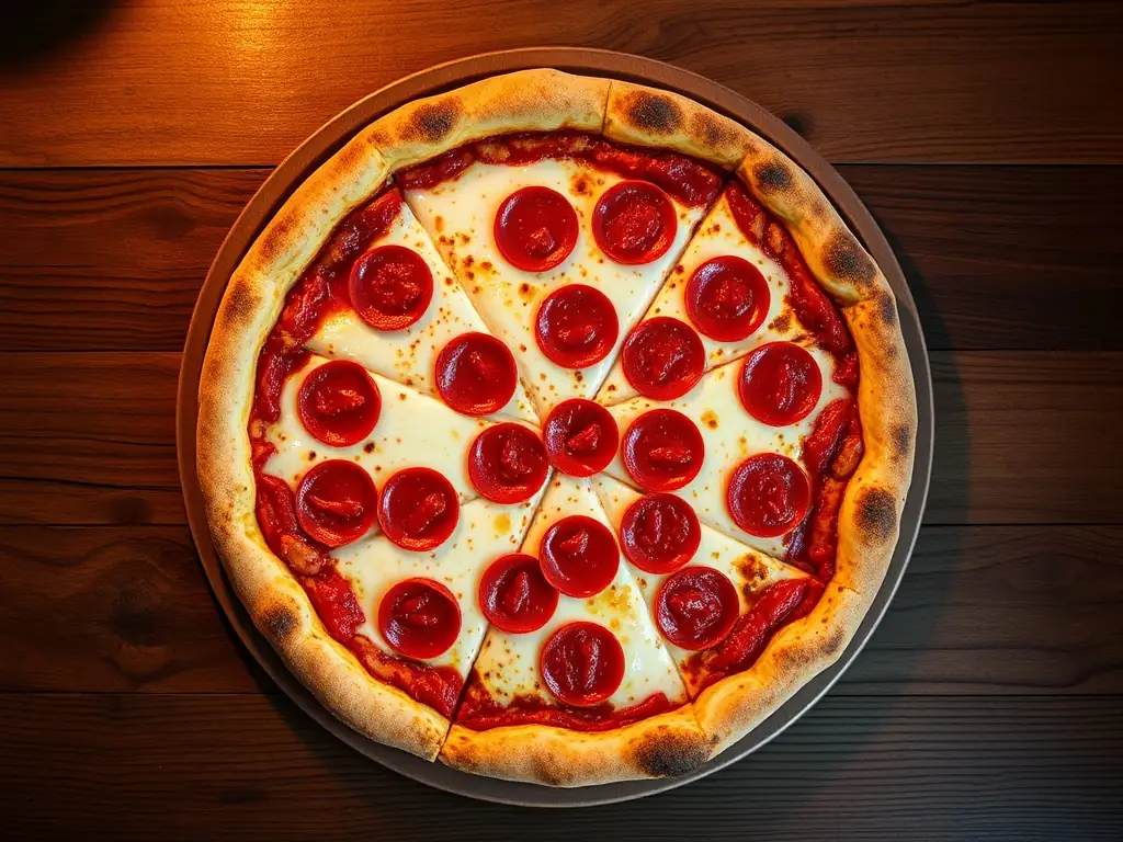 A vibrant, overhead shot of a classic pepperoni pizza with a crispy crust, melted cheese, and evenly spaced pepperoni slices, set on a checkered red and white tablecloth.