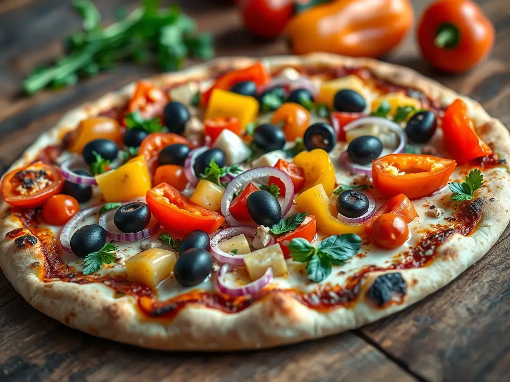 A colorful and appetizing vegetarian pizza with a medley of fresh vegetables such as bell peppers, mushrooms, and onions, emphasizing the healthy and flavorful options available.