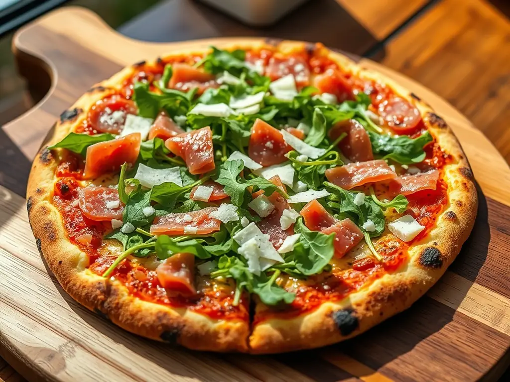 A visually appealing image of a gourmet pizza with unique toppings such as prosciutto, arugula, and balsamic glaze, showcasing the premium and innovative options at Pizza 73.
