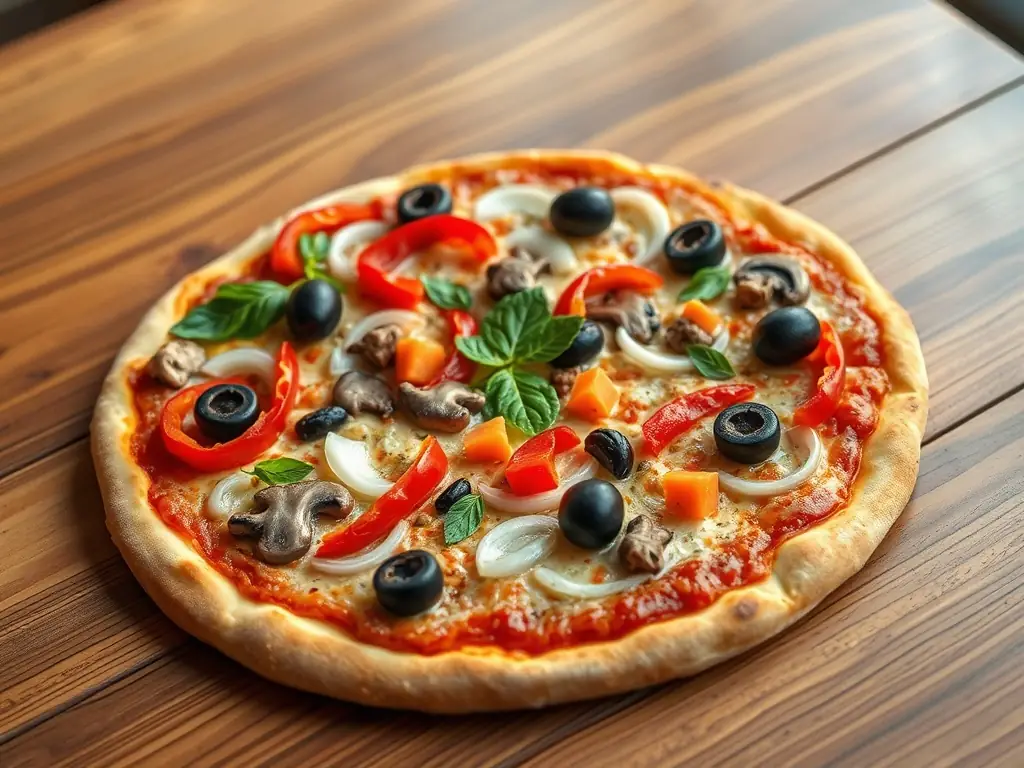 A visually appealing image of a vegetarian pizza, loaded with fresh vegetables such as bell peppers, mushrooms, onions, and olives, with melted cheese on a crispy crust.