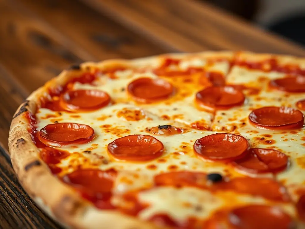 A close-up shot of a classic pepperoni pizza with melted cheese and crispy pepperoni slices, showcasing the deliciousness and simplicity of this popular choice.